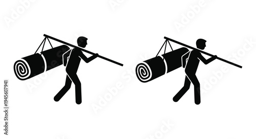 Two figures carrying rolled carpets on their shoulders a striking silhouette