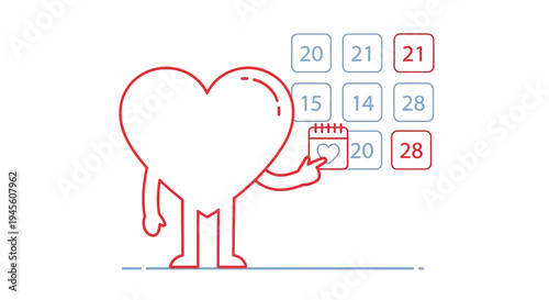 Cartoon Heart Character Marking Date on Calendar - Love Reminder Concept
