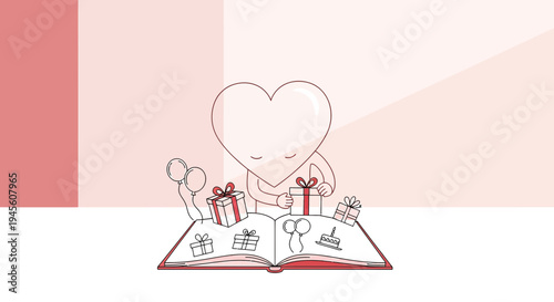Cartoon Heart Character Opening Gift Box on Book, Birthday Celebration Concept