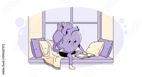 Cartoon Heart Character Reading Book on Cozy Window Seat - Love, Health, Education