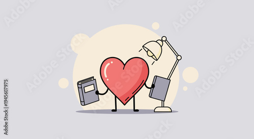Cartoon Heart Character Reading Books Under Desk Lamp