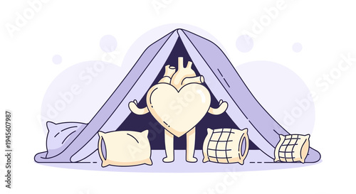 Cartoon Heart Character Resting Under Tent with Pillows