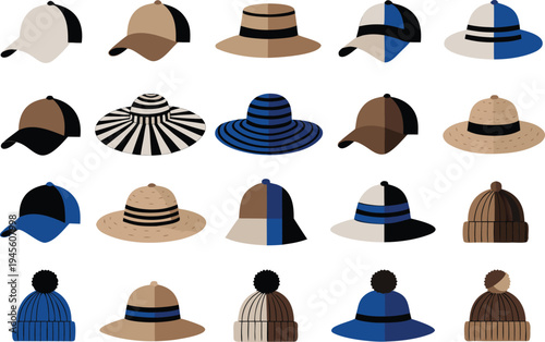 A collection of various hats and caps in different styles and colors