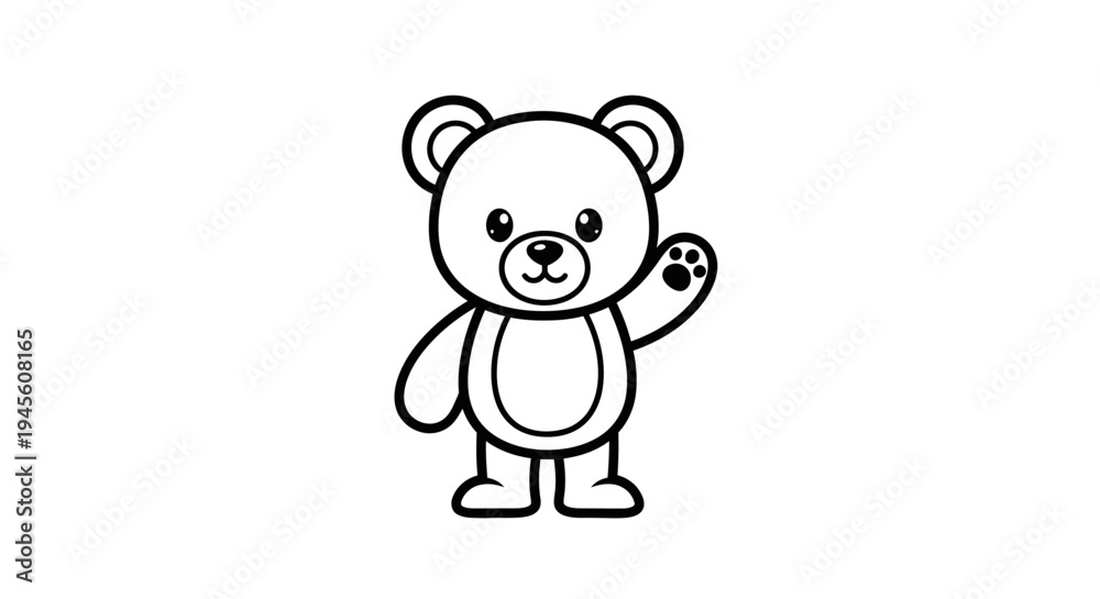 Obraz premium Cute cartoon teddy bear character waving hand, friendly greeting, isolated white background.