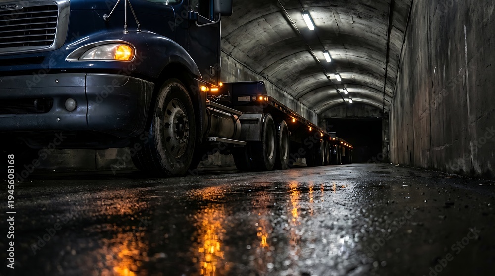 Fototapeta premium Line of semi-trucks parked in dark tunnel with wet reflective asphalt road and glowing headlights illumination industrial transport