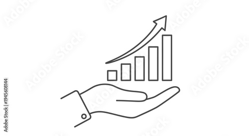 Outline illustration of hand holding growing bar graph with arrow, business growth and financial success, isolated white background.