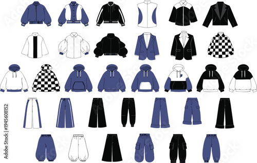 A collection of various clothing items in a flat vector graphic design