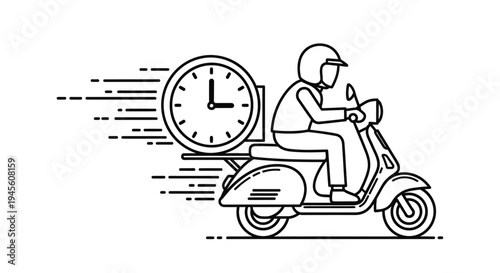 Line art illustration of delivery man riding scooter with clock, fast urgent shipping, isolated white background.
