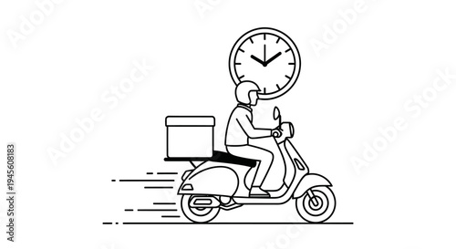 Line Art Drawing of a Delivery Person on a Scooter with Package and Clock, Representing Fast Shipping on Isolated White Background