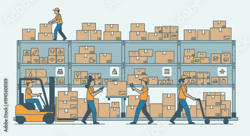 Workers in a busy warehouse moving and stacking cardboard boxes with a forklift and hand carts, illustrating logistics and inventory management.