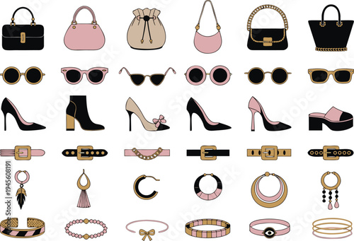 A collection of fashion icons including handbags, shoes, sunglasses, belts, and jewelry