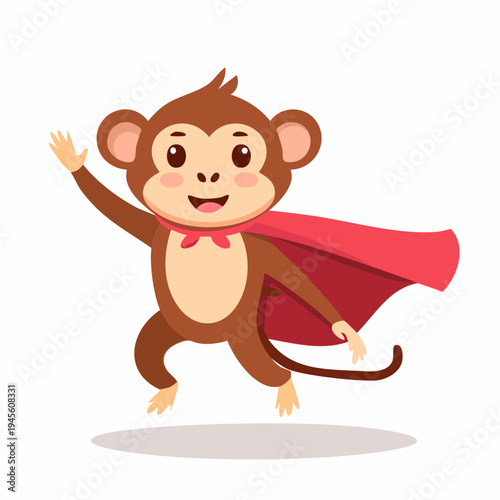 Cute cartoon superhero monkey in a red cape waving and jumping