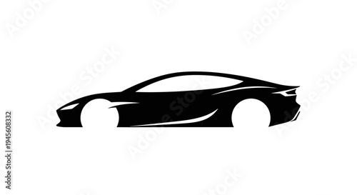 Sleek black silhouette of a modern luxury sports car in profile, minimalist vector graphic design on a white background.