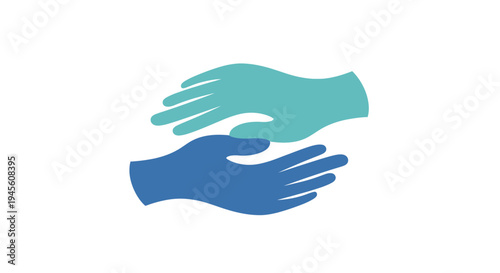 Two stylized hands, one teal and one dark blue, overlapping in a gesture of care and support on a white background, symbolizing help and community.