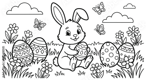 Cute easter bunny holding painted egg in meadow with butterflies and grass