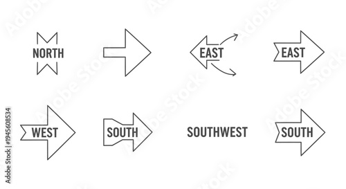 Collection of outline arrow icons indicating cardinal and intercardinal directions like North, East, West, South, and Southwest, suitable for navigation and UI design.
