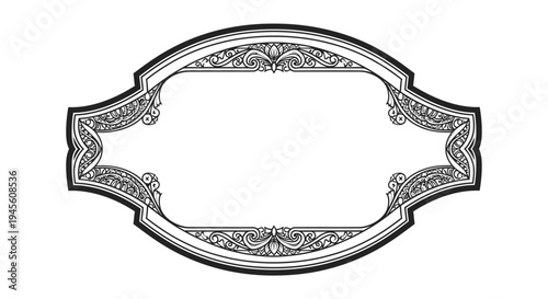 Elegant vintage black and white decorative label frame with intricate scrollwork and filigree patterns, perfect for a classic design.