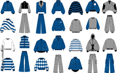 A collection of various clothing items in blue and gray colors