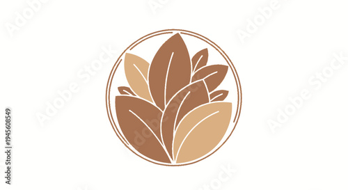A minimalist circular logo featuring stylized brown and beige leaves, representing nature, growth, or organic products.