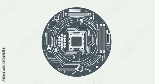Circular circuit board with central processor chip design.