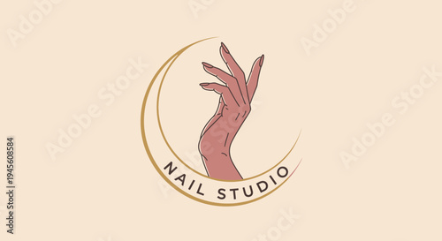 A minimalist logo for a nail studio featuring a graceful hand with long fingers inside a golden crescent moon shape on a warm beige background.