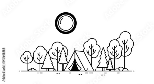 A minimalist line art illustration of a camping tent surrounded by various trees under a simple sun, depicting an outdoor adventure scene.