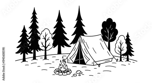 A simple black and white line art illustration of a camping scene with a tent, a crackling campfire, and various trees in a serene forest setting.