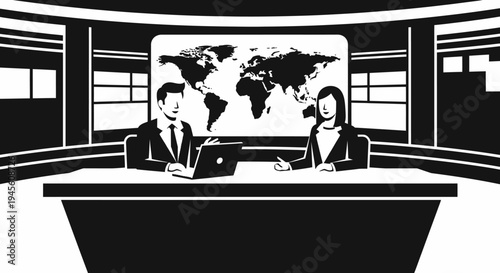 Professional news anchors reporting live from a television studio with a world map background, black and white.