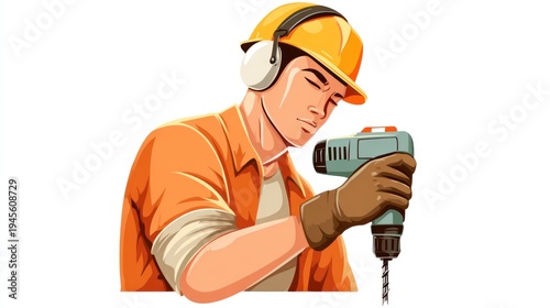 Wallpaper Mural Illustration of a man in safety gear using a drill, looking down in concentration Torontodigital.ca