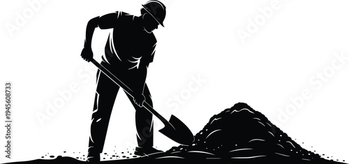 Construction worker digging soil with shovel, manual labor silhouette, excavation work concept, builder at construction site illustration