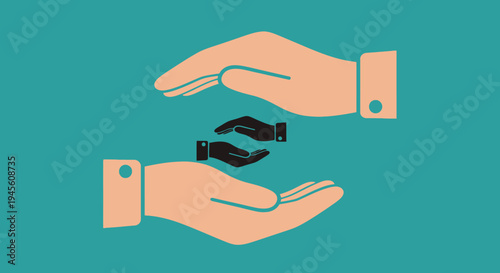 Caring hands protecting smaller hands on a teal blue background.