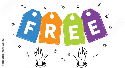 Vector illustration of colorful FREE tags with hands