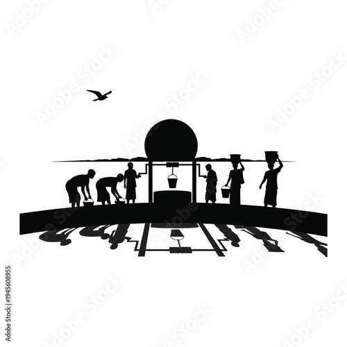 Village People Collecting Water from Well Silhouette Vector Illustration