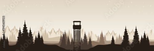 Panoramic starry night mountain landscape with pine tree silhouettes and watchtower