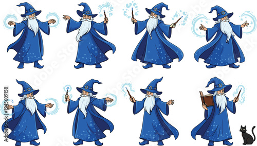 Cartoon wizard character casting magic spells collection, fantasy magician with wand, robe and spell book vector illustration set for game, animation and fantasy design
