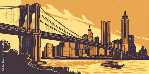 USA, US, U.S, United States - Brooklyn Bridge sunset skyline panorama, golden light reflections, cinematic travel art 
