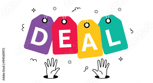 Vector illustration of colorful deal tags and hands
