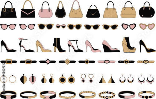 A collection of fashion accessories including handbags, shoes, sunglasses, belts, and jewelry