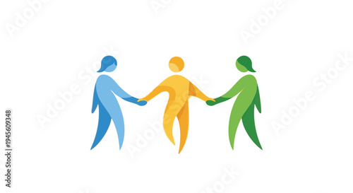 Three stylized human figures holding hands in blue, yellow, and green people
