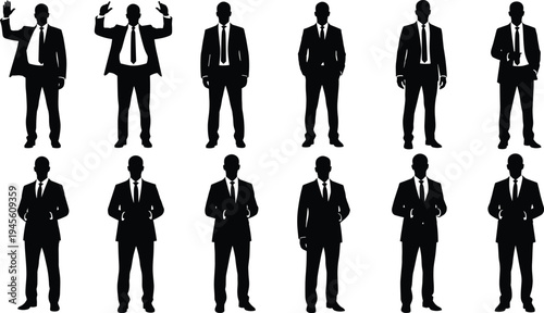 Silhouettes of professional businessmen in suits and ties standing in various formal poses for corporate office and executive leadership vector set.