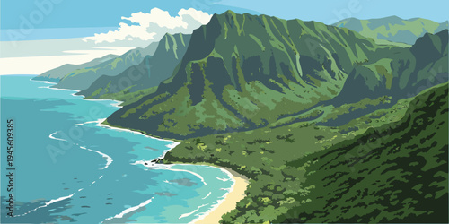 USA, US, U.S, United States - Na Pali Coast lush cliffs and turquoise ocean aerial panorama 
