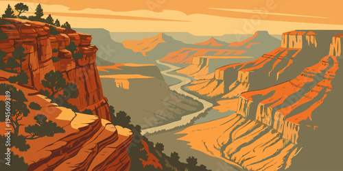 USA, US, U.S, United States - Grand Canyon sunrise canyon panorama, glowing orange cliffs, epic aerial perspective travel poster 
