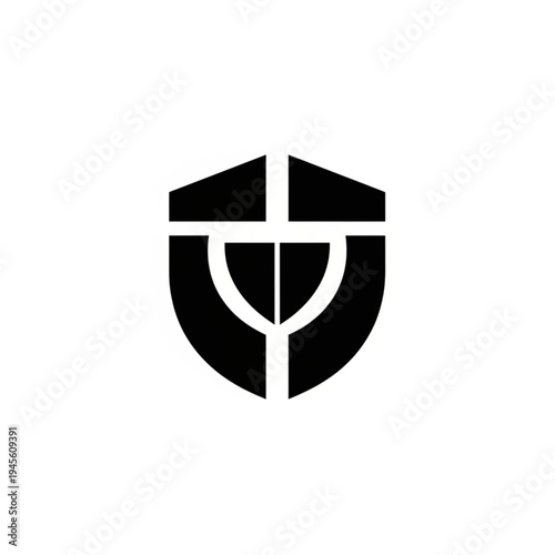 A stylized black shield emblem with a cross and a menorah symbol integrated, representing faith and protection.