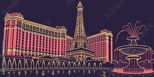 USA, US, U.S, United States - Bellagio Hotel and Casino fountain show panorama with neon skyline
