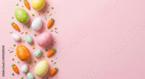 Colorful Easter eggs and carrots on pink background, festive holiday decoration