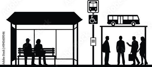 City bus stop with passengers waiting at shelter and accessible transport sign silhouette vector illustration, public transportation concept with urban commuters