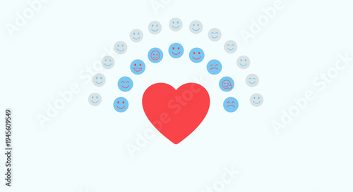 Red Heart Surrounded by Happy and Neutral Emoticons on White Background