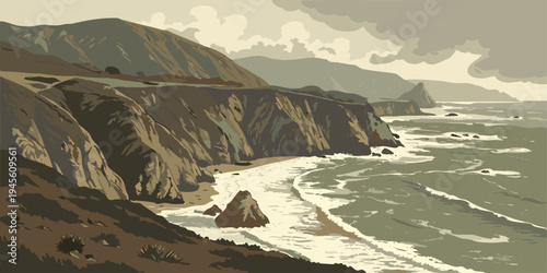 USA, US, U.S, United States - Big Sur dramatic cliffs and ocean waves cinematic panorama
