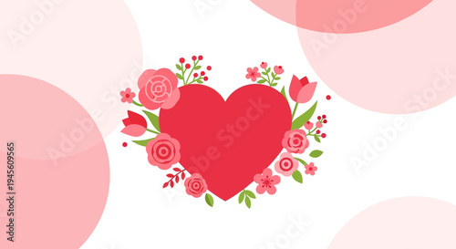 Red Heart Surrounded by Pink Flowers and Green Leaves on Soft Pink Background