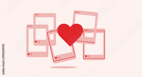 Red Heart Surrounded by Social Media Post Frames on Light Pink Background